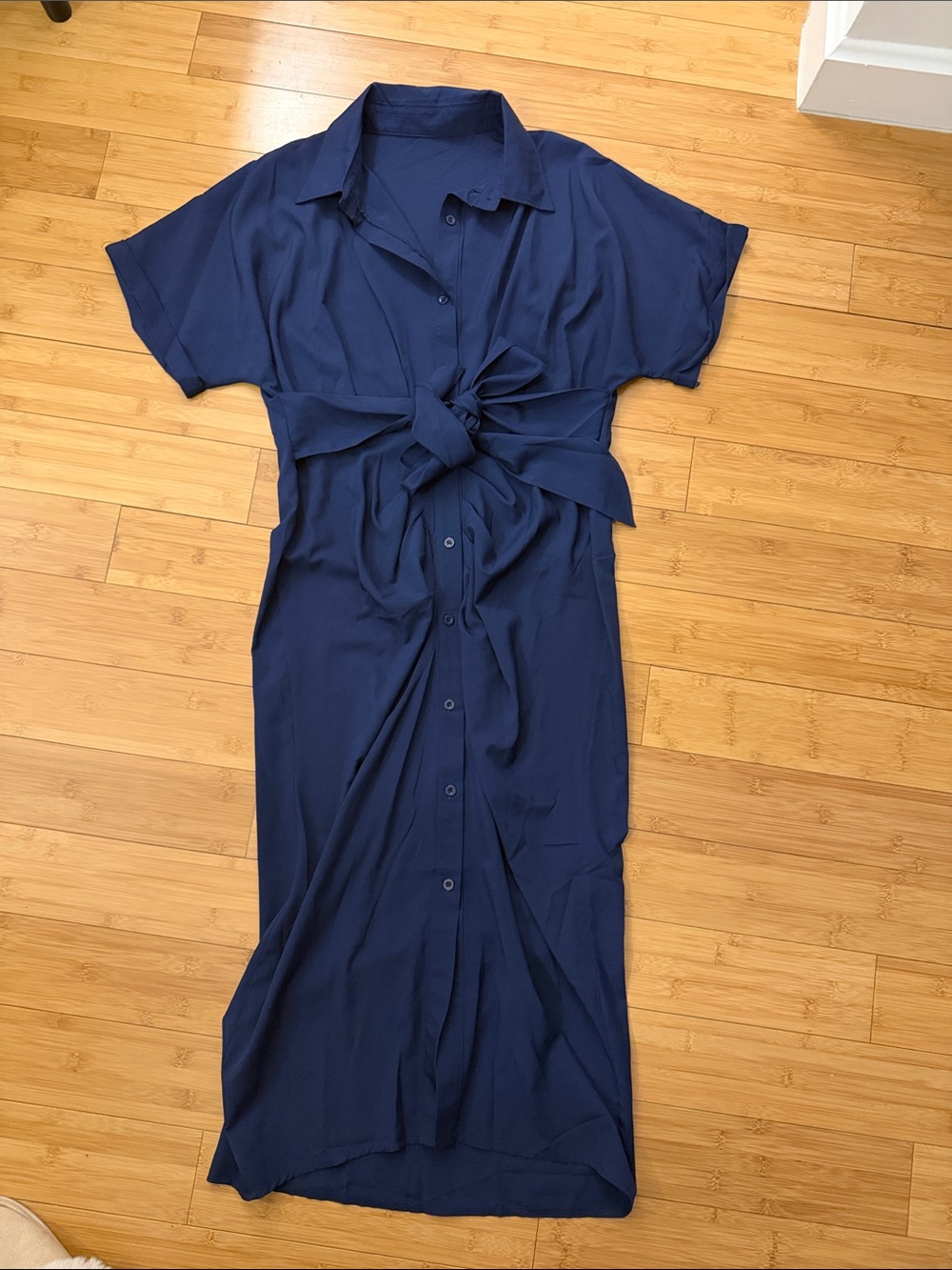 Tie-Front Navy Midi Shirt Dress - Women